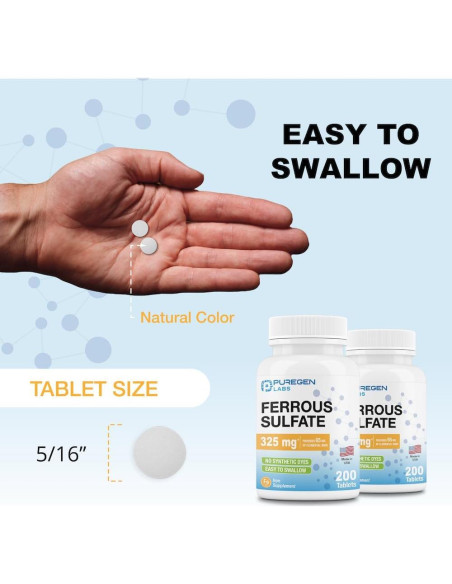 Suplemento de Hierro Sulfato Ferroso Puregen Labs 325 mg - 200 Tabletas
