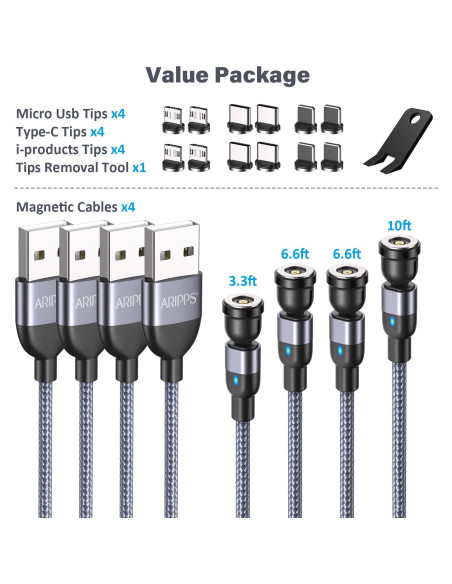 Cable de Carga Magnético 4 en 1 Aripps 1-3m Nylon Trenzado
