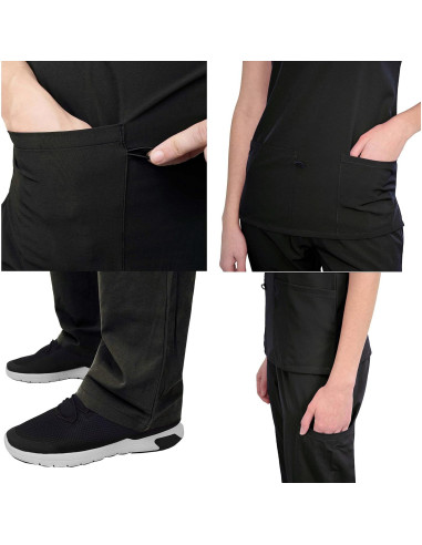 Conjunto de Scrubs Green Town Mujeres - Top Cuello V y Pantalón 5 Bolsillos Negro X-Pequeño