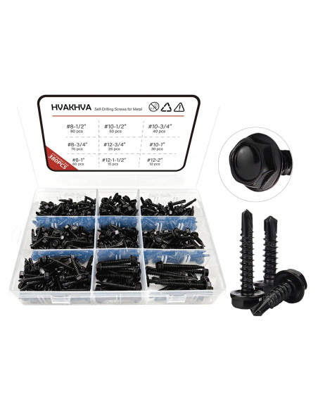 Juego de Tornillos Autoperforantes HVAKHVA Acero Inoxidable 410 380 Pzas