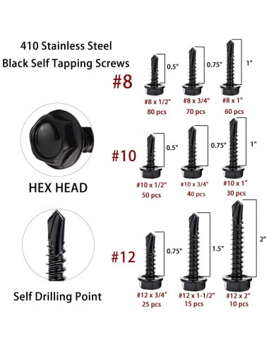 Juego de Tornillos Autoperforantes HVAKHVA Acero Inoxidable 410 380 Pzas