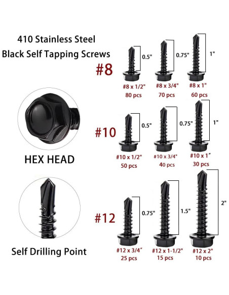 Juego de Tornillos Autoperforantes HVAKHVA Acero Inoxidable 410 380 Pzas