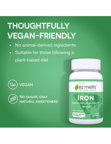 EZ Melts Suplemento de Hierro 18 mg Sin Azúcar 90 Tabletas