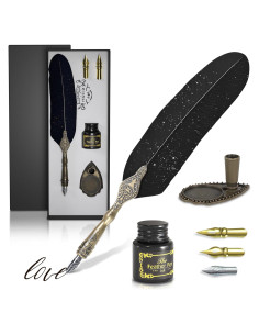 Juego de Pluma y Tinta Negra Lagarto con Soporte Vintage