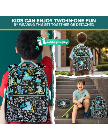 Mochila y caja de almuerzo Dinosaurio 2 piezas 30x42 cm