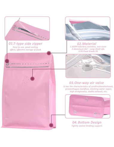 Bolsas de Café Aluminio REMTAP 227g 50pcs Reutilizables Rosa