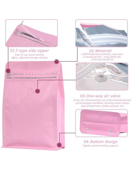 Bolsas de Café Aluminio REMTAP 227g 50pcs Reutilizables Rosa