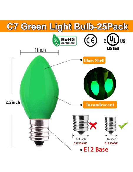 Pack de 25 Bombillas C7 Verdes E12 5W para Decoración