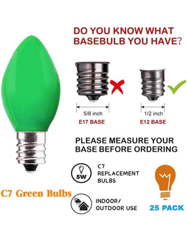 Pack de 25 Bombillas C7 Verdes E12 5W para Decoración