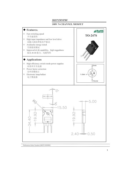 Transistor MOSFET IRFP150N 42A 100V TO-247S - 5 Piezas