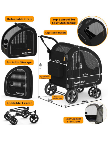 Carrito de Perro PAWZIDEA Plegable para Mascotas Grandes 36.29 kg