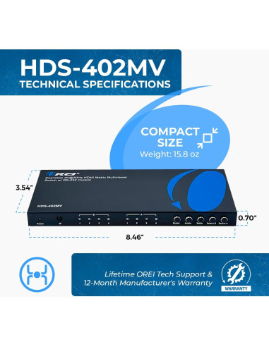 Conmutador HDMI 4 en 2 OREI HDS-402MV 4K PIP Control Remoto