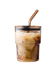 Taza de vidrio MINGHYZYA 13oz con tapa y popote ámbar