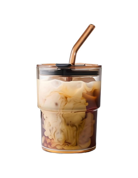 Taza de vidrio MINGHYZYA 13oz con tapa y popote ámbar