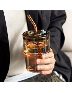 Taza de vidrio MINGHYZYA 13oz con tapa y popote ámbar 2