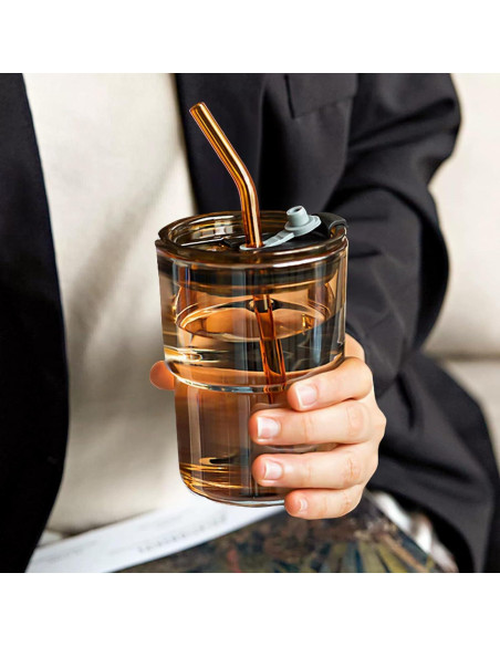 Taza de vidrio MINGHYZYA 13oz con tapa y popote ámbar