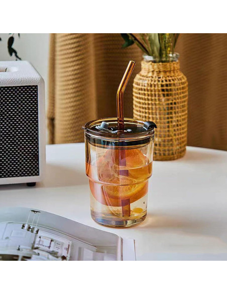 Taza de vidrio MINGHYZYA 13oz con tapa y popote ámbar