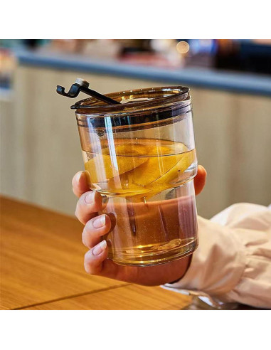Taza de vidrio MINGHYZYA 13oz con tapa y popote ámbar