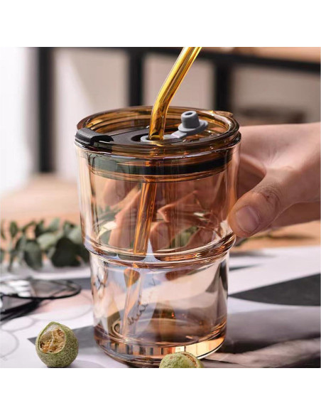 Taza de vidrio MINGHYZYA 13oz con tapa y popote ámbar