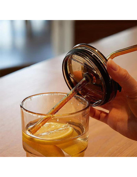 Taza de vidrio MINGHYZYA 13oz con tapa y popote ámbar