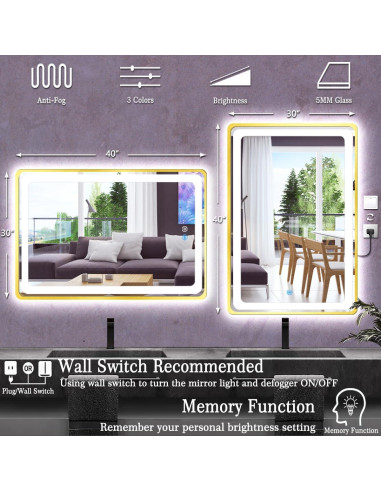 Espejo LED TiliKuly 101.6x76.2 cm Dorado Regulable 3 Colores