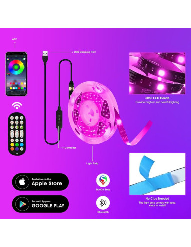 Tira de luz LED RGB 4.0m TYVORT con control remoto y Bluetooth