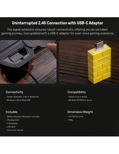 Controlador Bluetooth 8BitDo Ultimate 2 Amarillo con Joysticks TMR