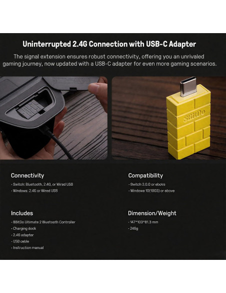 Controlador Bluetooth 8BitDo Ultimate 2 Amarillo con Joysticks TMR
