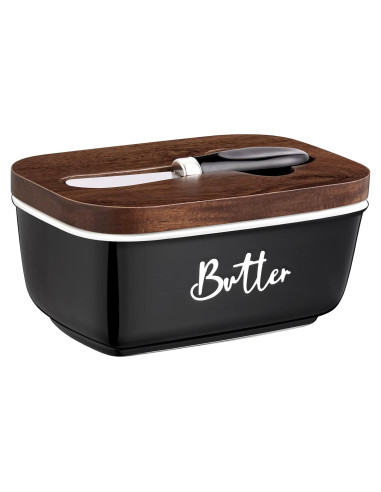 Plato de Mantequilla ALELION Negro con Tapa de Acacia y Cuchillo