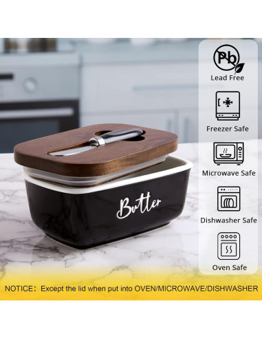 Plato de Mantequilla ALELION Negro con Tapa de Acacia y Cuchillo