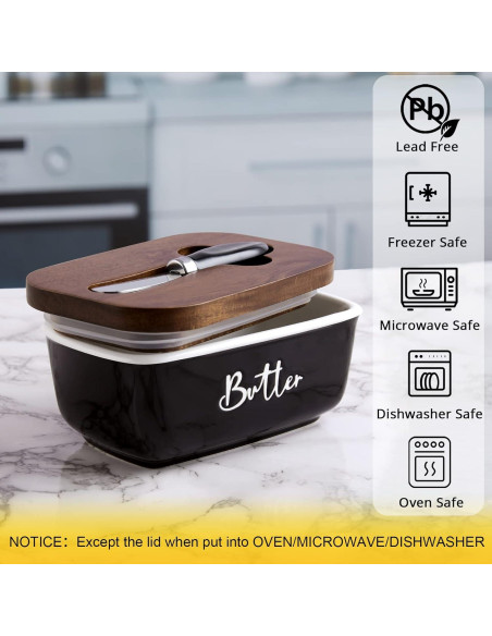 Plato de Mantequilla ALELION Negro con Tapa de Acacia y Cuchillo