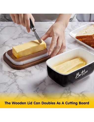 Plato de Mantequilla ALELION Negro con Tapa de Acacia y Cuchillo
