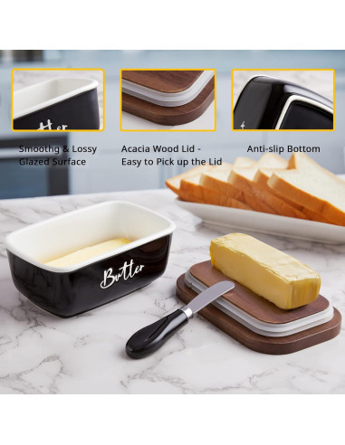 Plato de Mantequilla ALELION Negro con Tapa de Acacia y Cuchillo