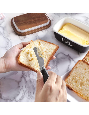 Plato de Mantequilla ALELION Negro con Tapa de Acacia y Cuchillo