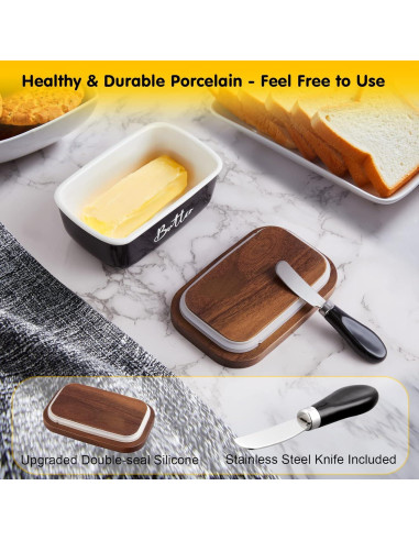Plato de Mantequilla ALELION Negro con Tapa de Acacia y Cuchillo