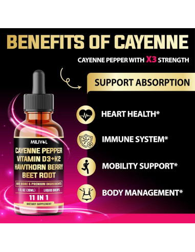 Gotas Líquidas de Pimienta de Cayena Milivol 30ml - Soporte Cardiaco e Inmunológico