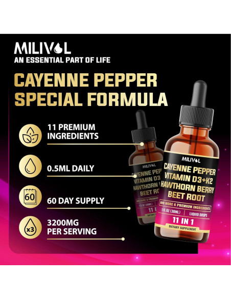Gotas Líquidas de Pimienta de Cayena Milivol 30ml - Soporte Cardiaco e Inmunológico
