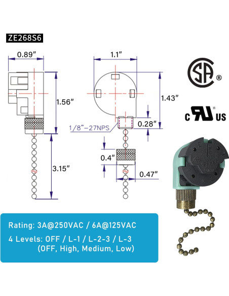 Interruptor de cadena YukiHalu ZE-268S6 3 velocidades 4 cables