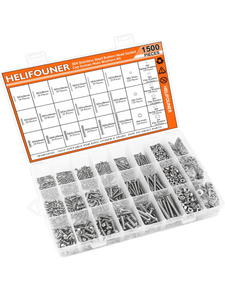 Kit de Tornillos de Cabeza Redonda Acero Inoxidable 304 1500 Piezas