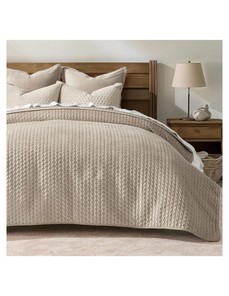 Conjunto de Colcha de Terciopelo King EVERGRACE 3 Piezas Taupe