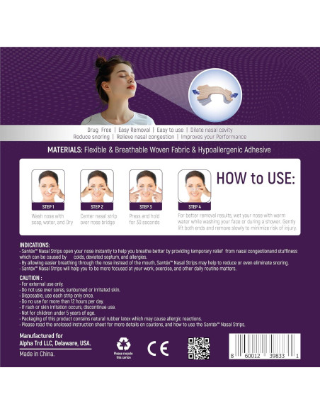Tiras Nasales Santéx Grandes 45ct - Alivio Ronquidos y Congestión