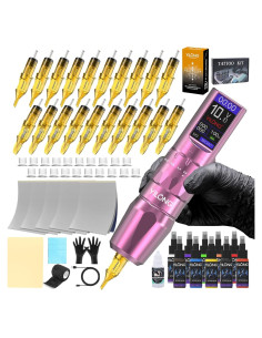 Kit de Máquina de Tatuaje Inalámbrica YILONG Rosa 1200mAh LCD