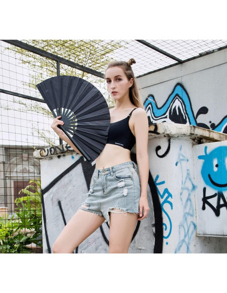 Abanico Plegable Amajiji de Nylon Negro 35cm para Danzas y Decoración