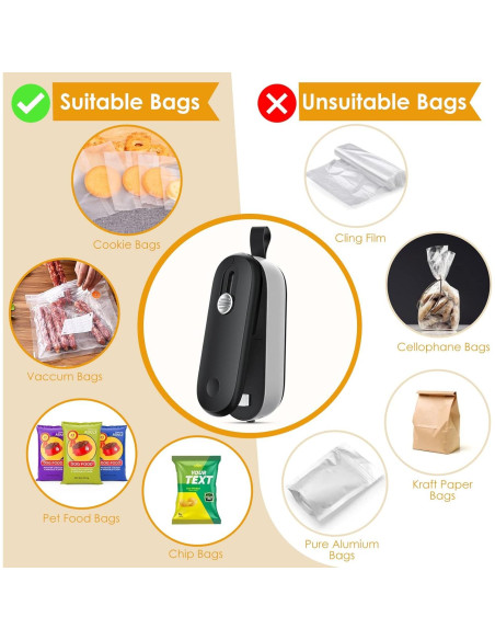 Sello de Bolsas FEPPO Mini Portátil con Cortador - Negro/Plata