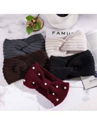 Diademas de Invierno Whaline 5 Piezas con Perlas y Punto