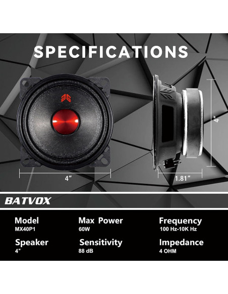 Altavoces Midrange GRTSKY MX40P1 de 10.16 cm 120W 4 Ohm Negro (2 Pzs)