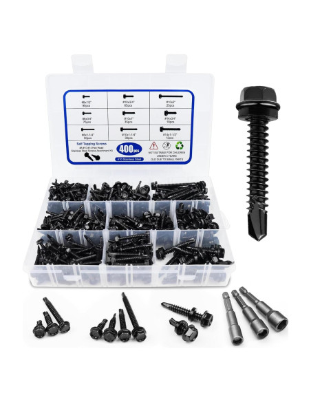 400 Tornillos Autoperforantes Negros Acero Inoxidable 410