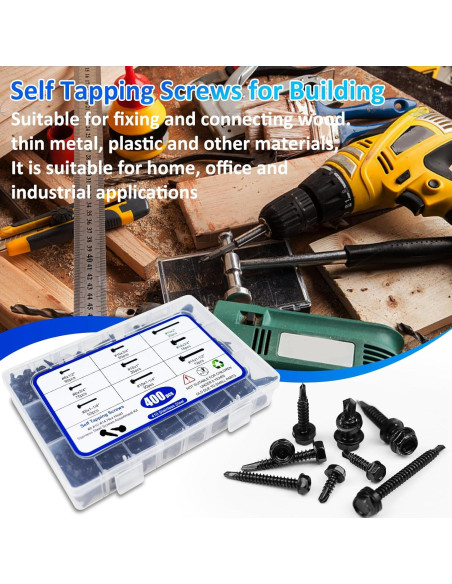 400 Tornillos Autoperforantes Negros Acero Inoxidable 410