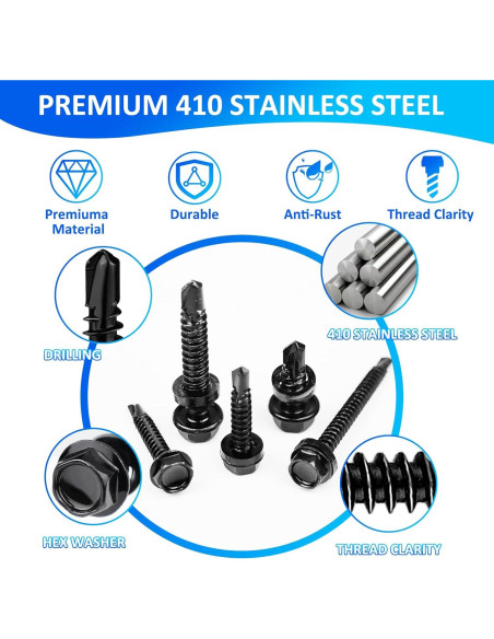 400 Tornillos Autoperforantes Negros Acero Inoxidable 410