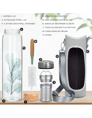 Botella de Agua de Vidrio Borosilicato Reeho 1000ml con Infusor